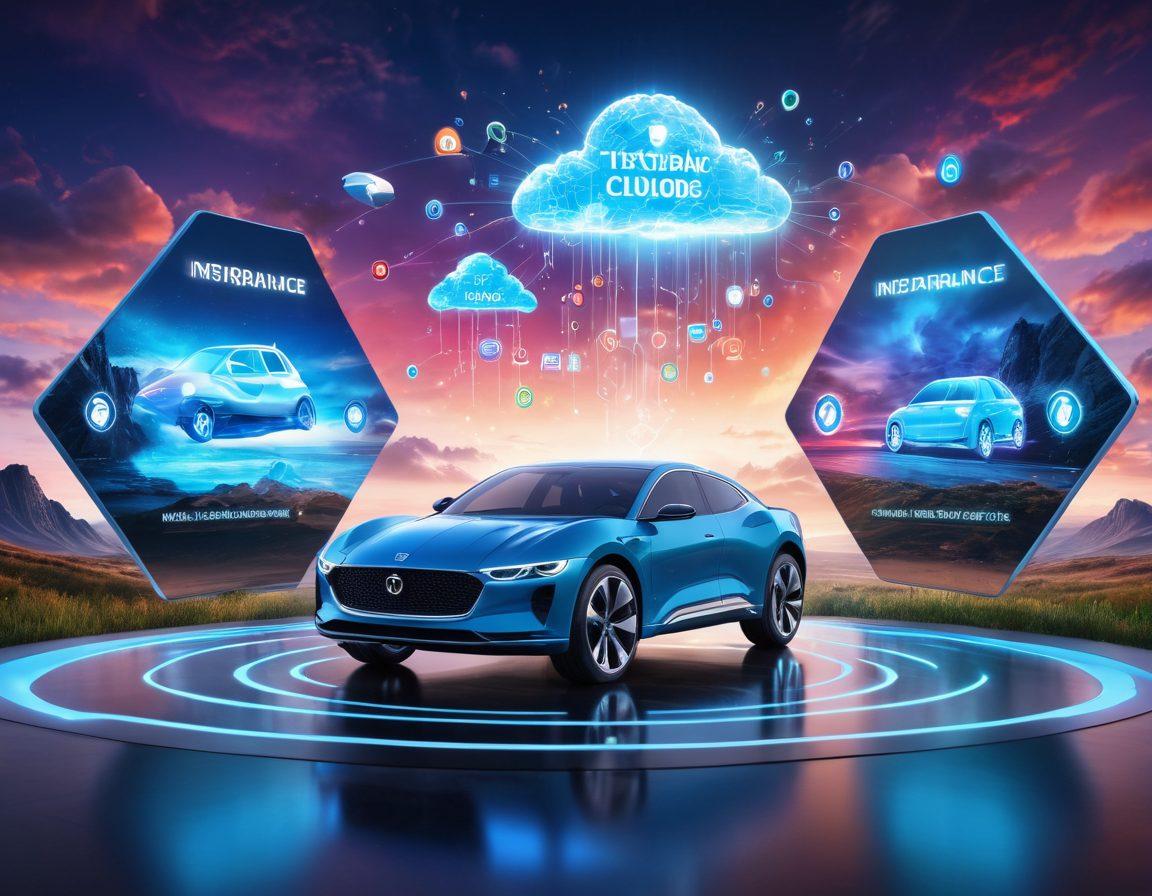 A futuristic digital landscape showcasing a diverse array of insurance products, with holographic icons representing car, health, and home insurance. The scene features a person interacting with a touchscreen interface, surrounded by vibrant, engaging graphics demonstrating the ease of accessing these services online. Include elements of technology, like binary code and digital clouds, to emphasize the digital theme. super-realistic. vibrant colors. 3D.
