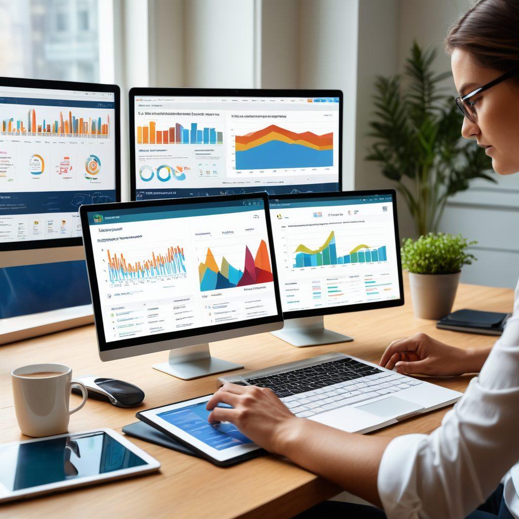 A modern digital workspace featuring a diverse group of professionals using laptops and tablets to navigate an online insurance marketplace. Graphs and pie charts displaying data insights are visible on the screens, with a warm and inviting atmosphere created by soft lighting. Tools like calculators, insurance documents, and a coffee cup add an engaging touch. super-realistic. vibrant colors. white background.